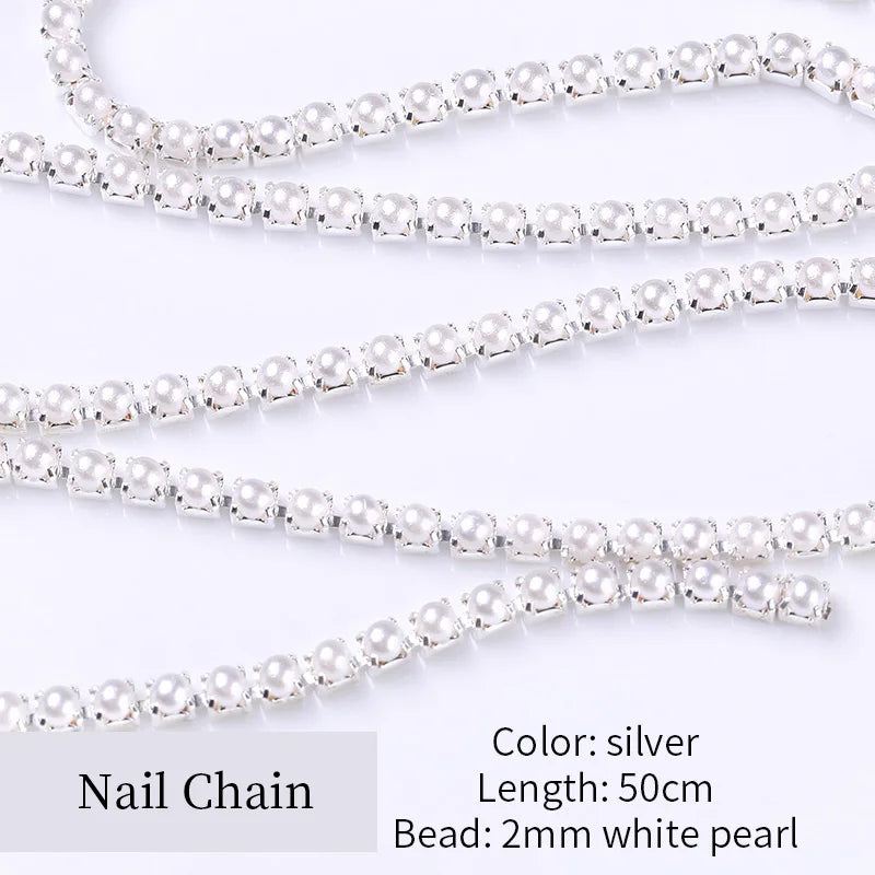 3D Rhinestone & Pearl Claw Nail Chain – Gold & Silver Metal Beads