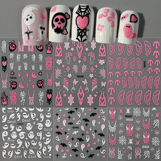 Set of nail art stickers with various designs on a gray background