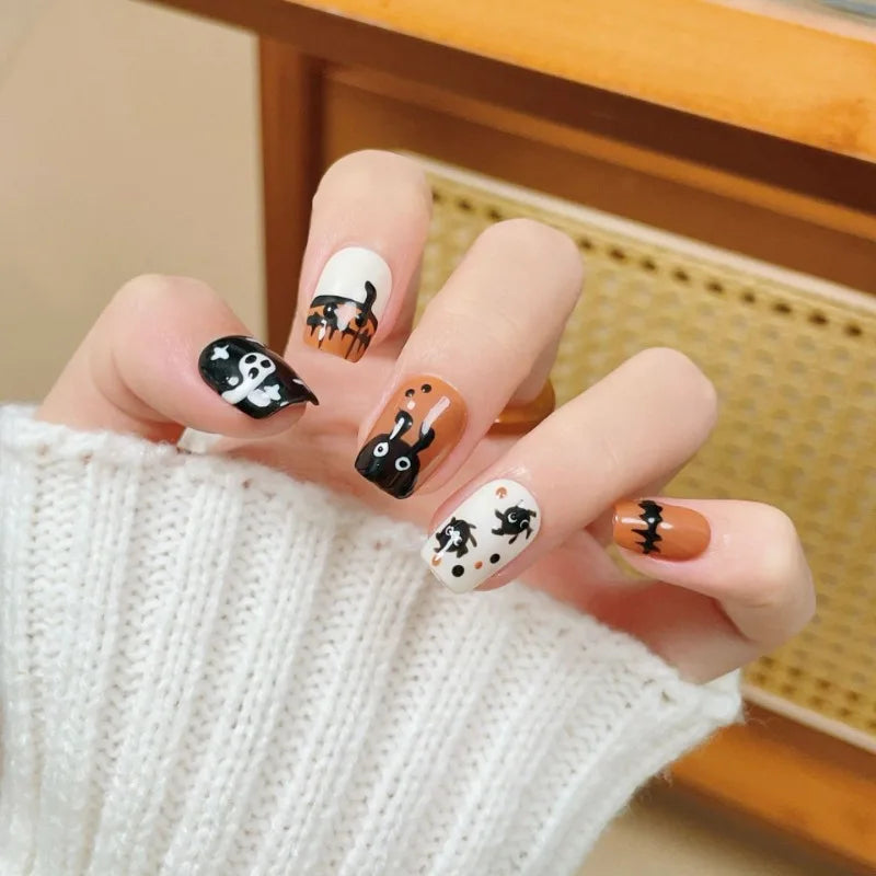Halloween Press On Nails – Handmade Pumpkin Ghost Art