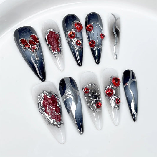 Halloween Gothic Press On Nails – Red Rhinestone Punk