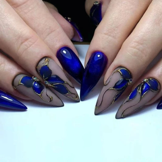 Dark Blue 3D Rhinestone Press On Nails – 24PCS Almond