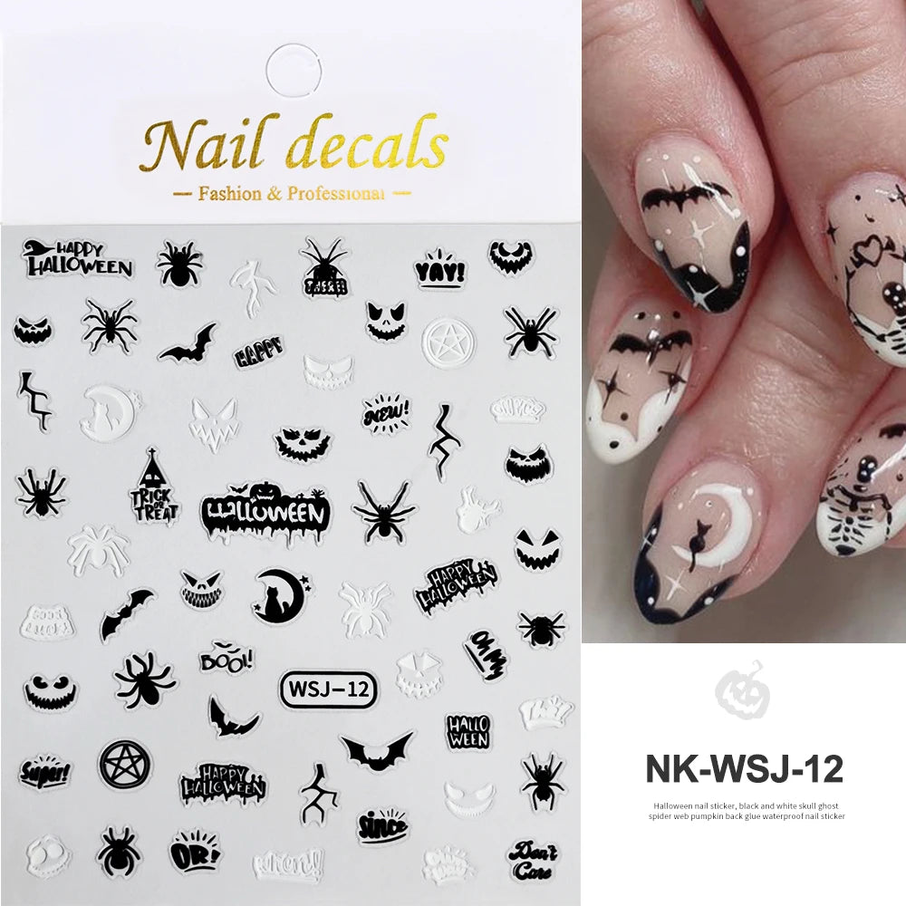 3D Halloween nail stickers with bats, ghosts, and pumpkins for festive nail art