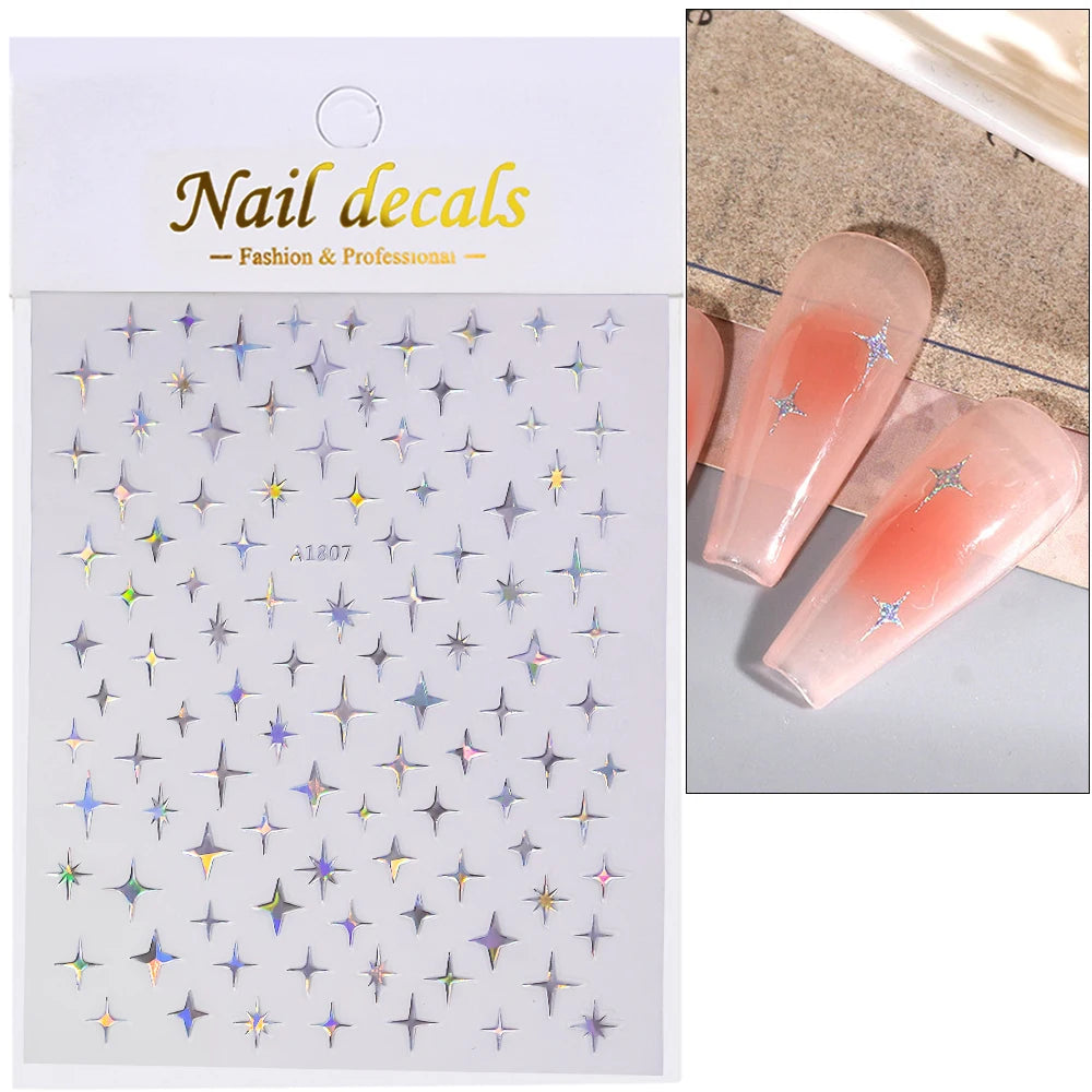 1pc Y2K Silver & Gold Star Nail Art Stickers – Glossy Laser Starlight Decal for Easy Nail Art