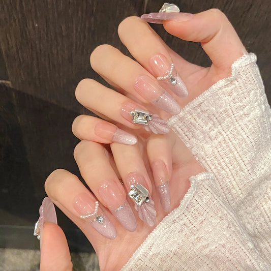Long Press On Nails – Glitter Butterfly Rose Design