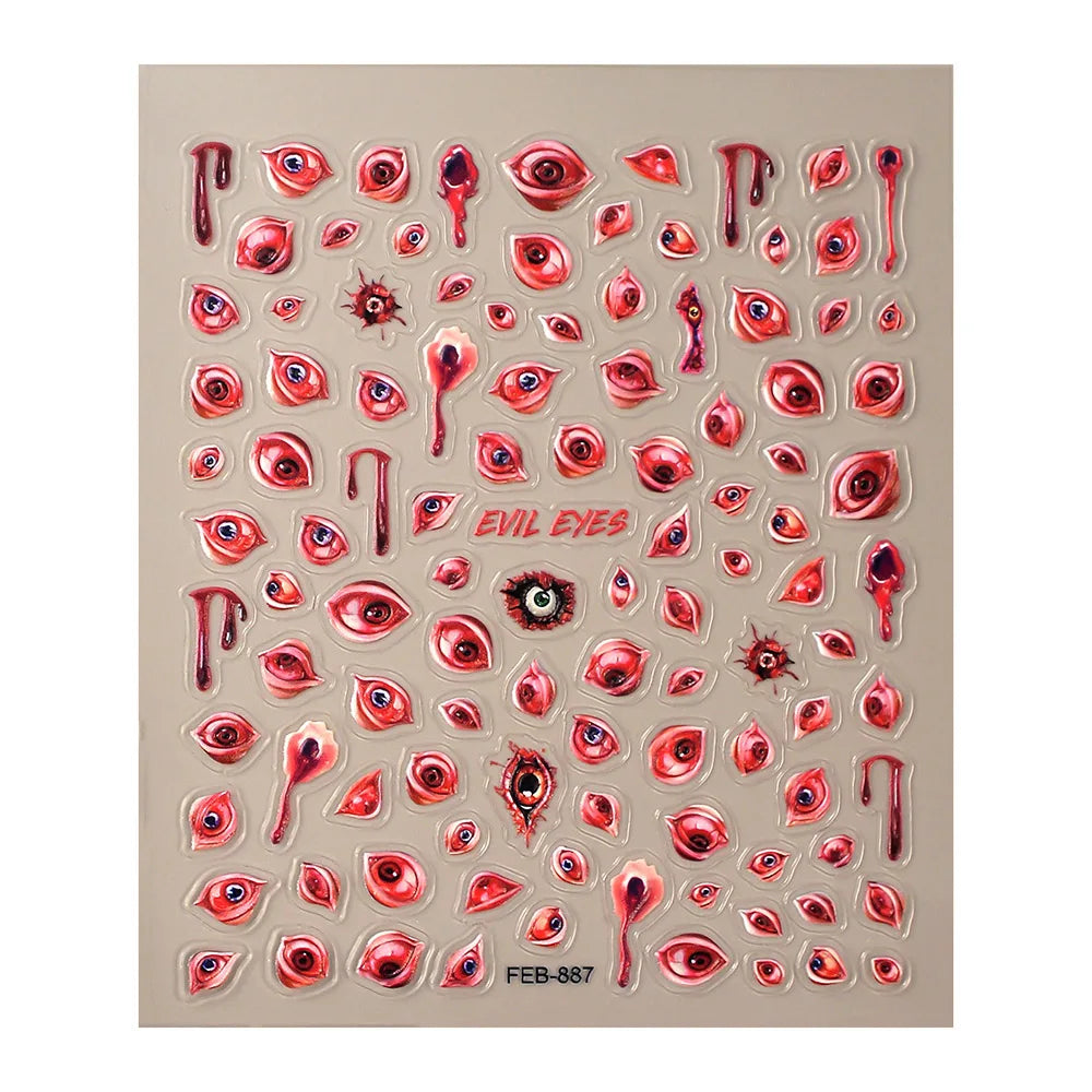 Sheet of red eye stickers with 'Evil Eyes' text on a beige background