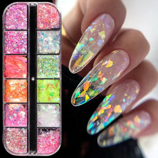 Aurora Chameleon Nail Flakes – 12 Grid Glitter Set