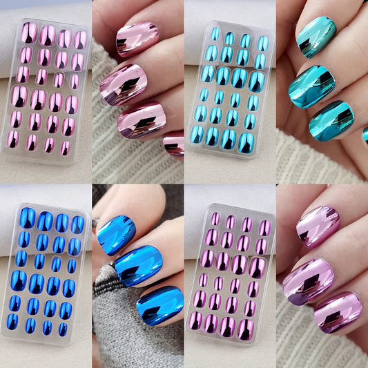 Mirror Chrome Press-On Nails – 24 Metallic Oval Tips