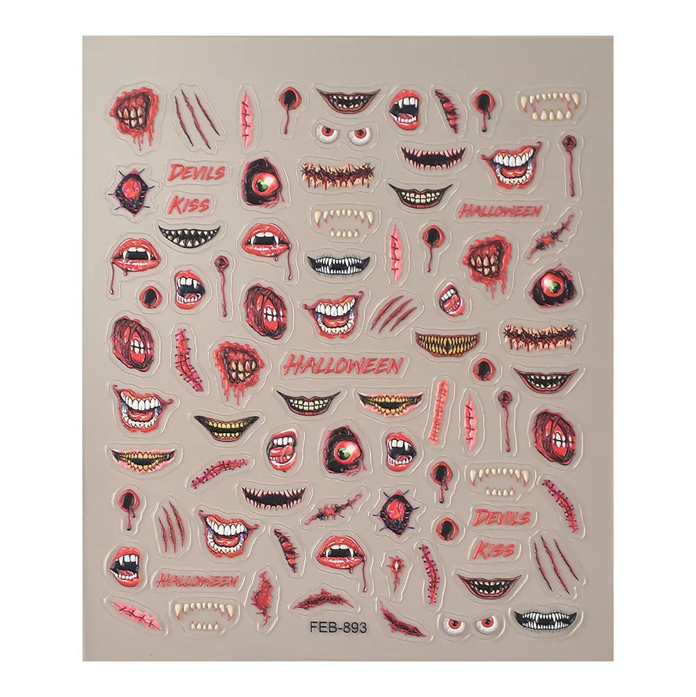 Sheet of Halloween-themed temporary tattoos with various designs on a beige background.