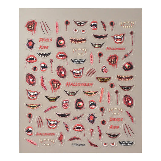 Sheet of Halloween-themed temporary tattoos with various designs on a beige background.