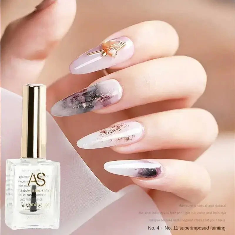 Nail polish bottle with a hand displaying decorated nails on a soft background