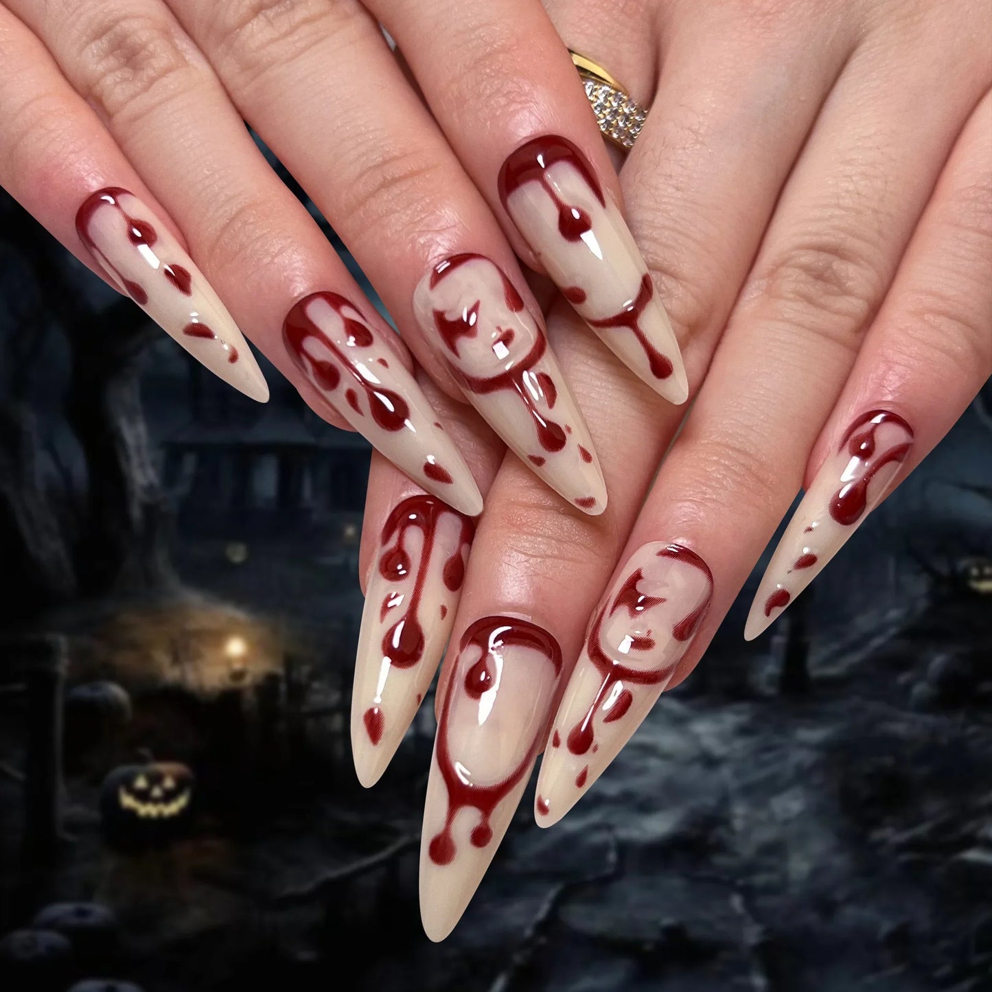 Halloween Press-On Nails – Witchy Purple Glitter & Bloody Ripple False Nails