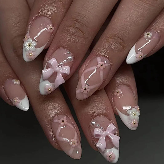 Almond Press On Nails | Long French Pink Bow & Flower Design
