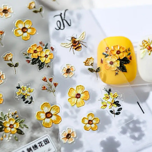 5D Kawaii Bee Nail Stickers – Yellow Embroidered Effect