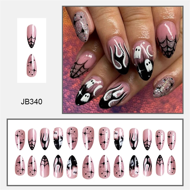 Nail art design with pink, black, and white patterns on a hand, with a sheet of nail stickers below.