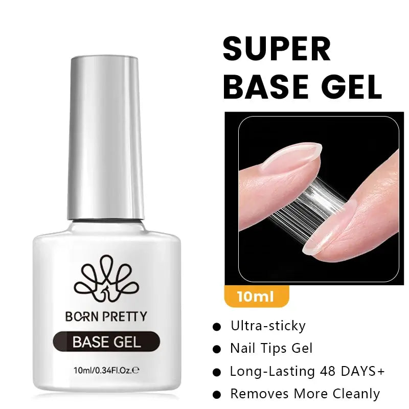 Nail Stamping Polish Born Pretty Super Base Gel bottle with nail application image on a white background