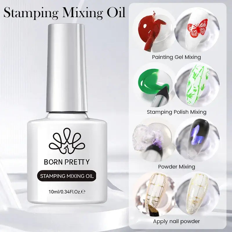 Nail Stamping Polish Born Pretty Stamping Mixing Oil with images of nail art designs on a white background