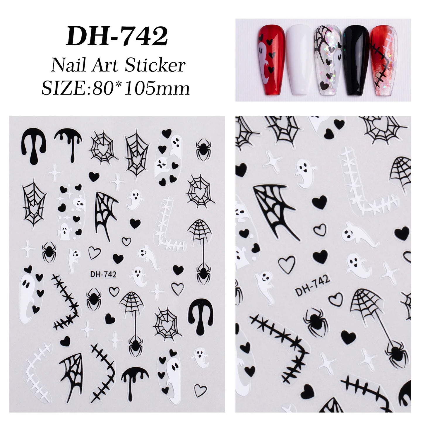 Nail art sticker with Halloween-themed designs on a white background
