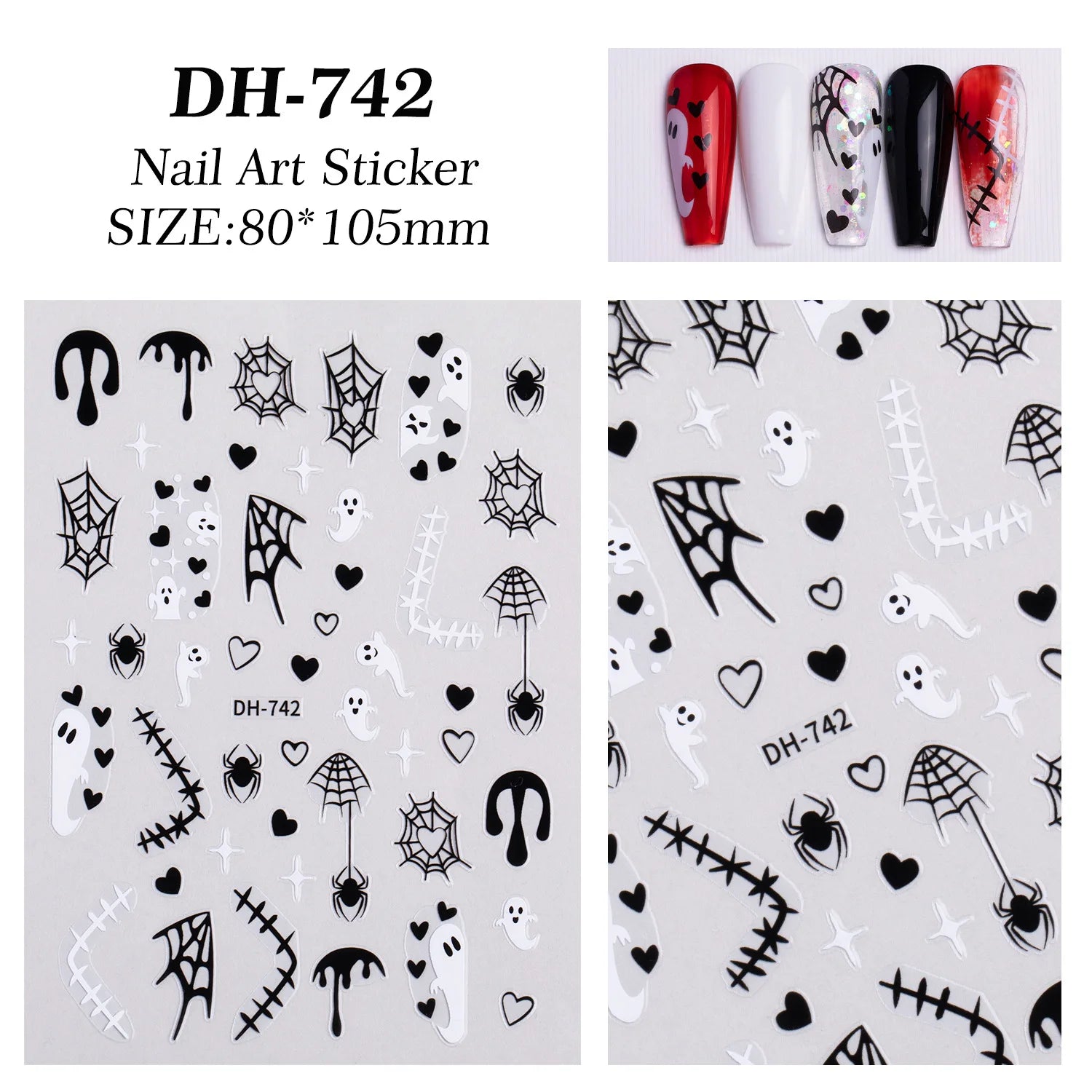 Nail art sticker with Halloween-themed designs on a white background