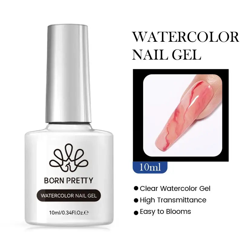 Nail Stamping Polish Born Pretty Watercolor Nail Gel bottle with a close-up of a painted nail, on a white background.
