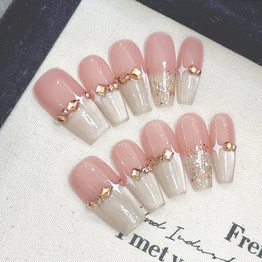 Champagne French Press On Nails | Pink Cat's Eye Gradient