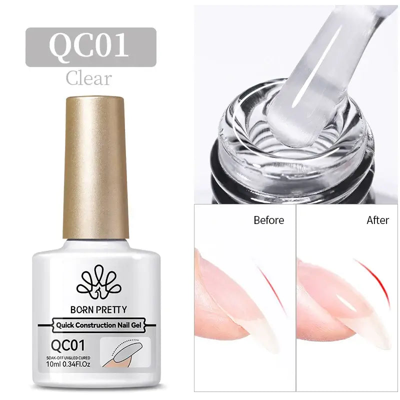 Nail Stamping Polish Born Pretty QC01 clear nail gel with application tool and before-after comparison on a white background