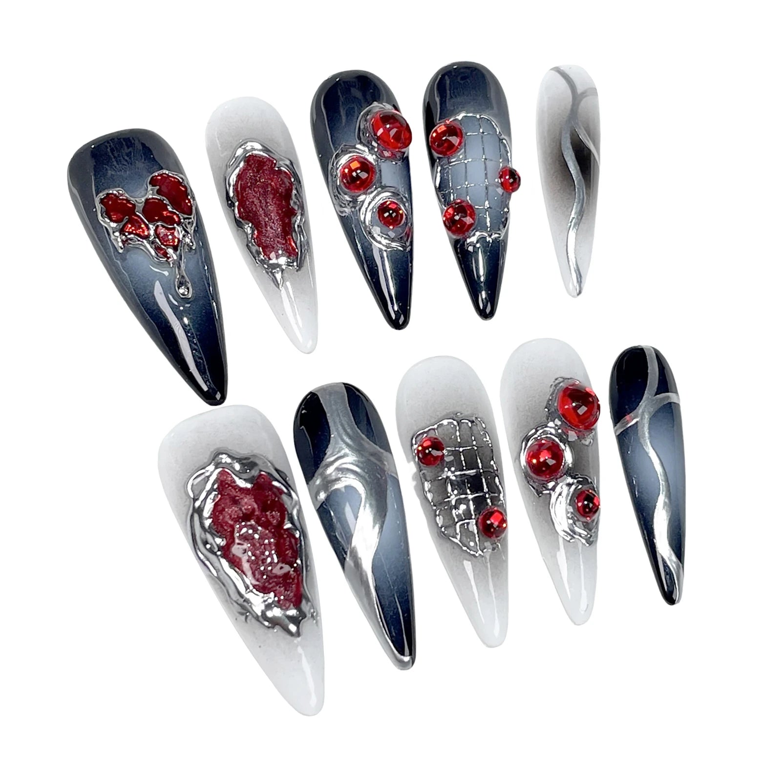 Halloween Gothic Press On Nails – Red Rhinestone Punk