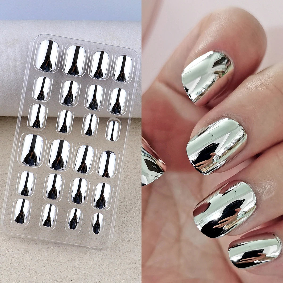 Mirror Chrome Press-On Nails – 24 Metallic Oval Tips