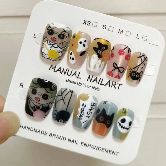Black Cat Halloween fake nails, affordable press-on nail set for spooky manicures