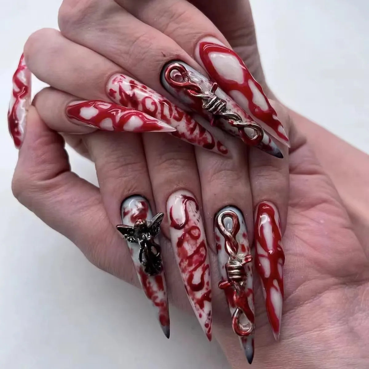 Halloween Press-On Nails – Witchy Purple Glitter & Bloody Ripple False Nails