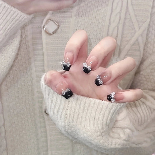 Black French Tip Press On Nails with 3D Bow Nail Art