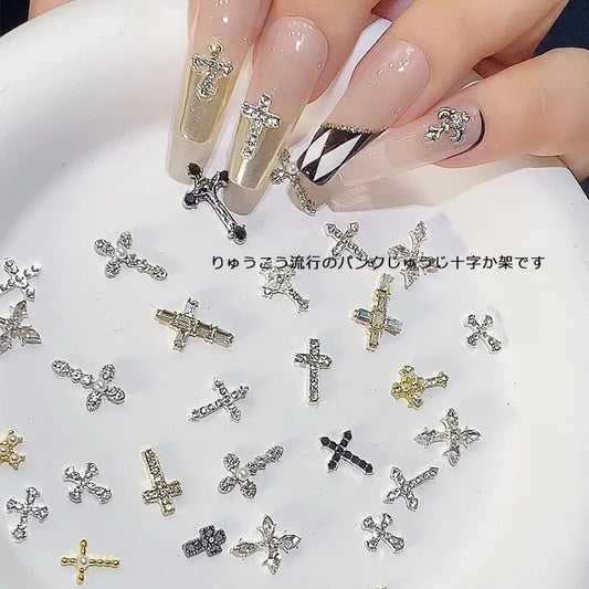 10Pcs 3D Silver Cross Nail Charms – Punk Nail Art Decorations