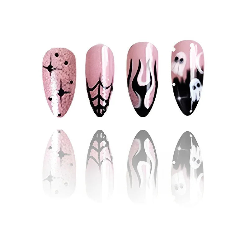 Set of four nail art designs on a white background