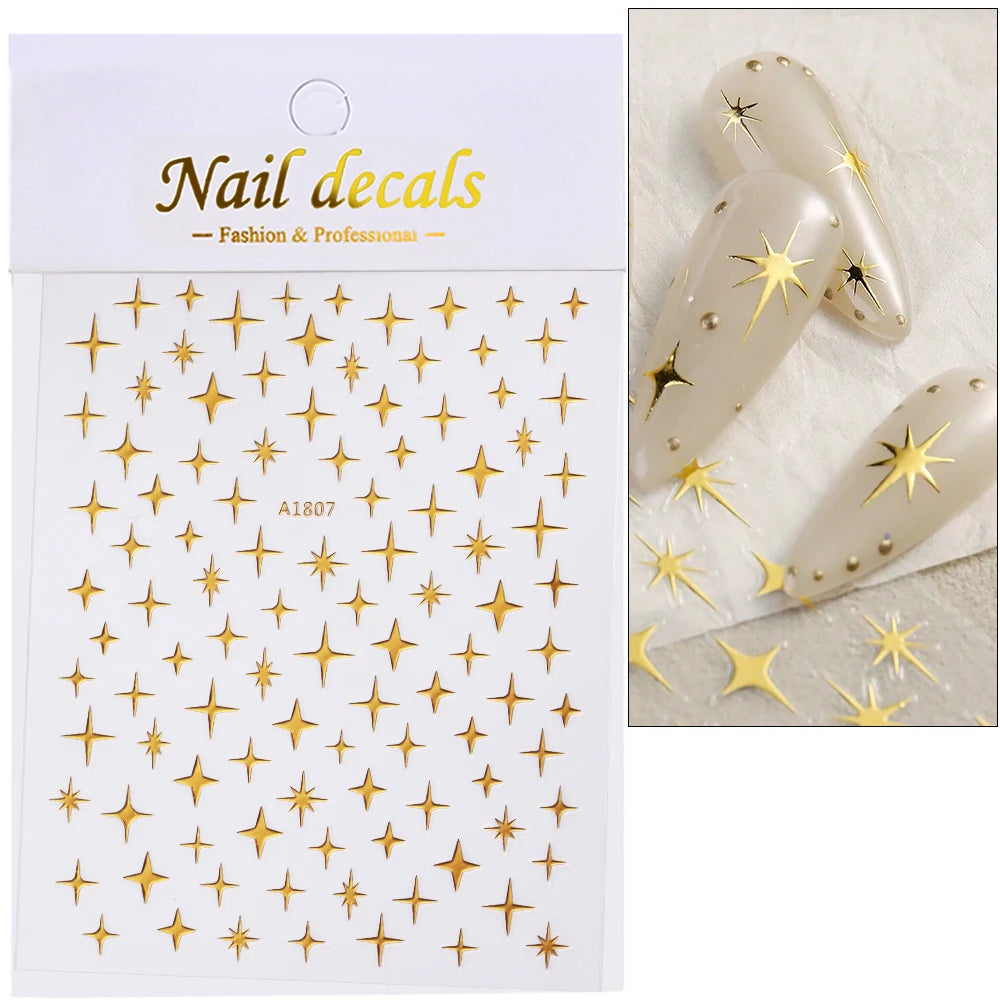 1pc Y2K Silver & Gold Star Nail Art Stickers – Glossy Laser Starlight Decal for Easy Nail Art