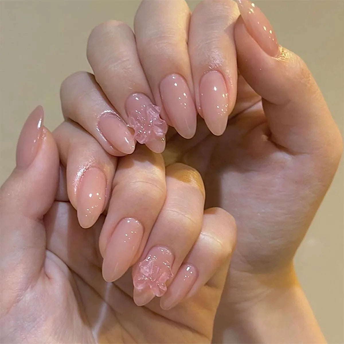 Almond Press On Nails | Long French Pink Bow & Flower Design