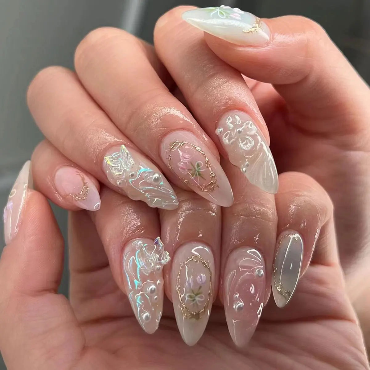 Almond Press On Nails | Long French Pink Bow & Flower Design