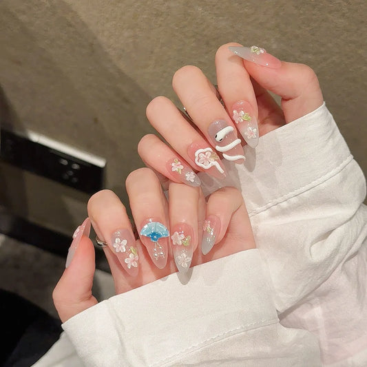 Almond Press-On Nails – Handmade 3D Flower & Snake Design