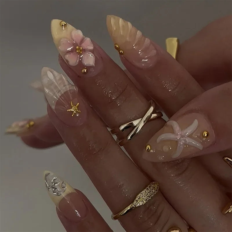 Almond Press On Nails | Colorful 3D Flower & Seashell Decor