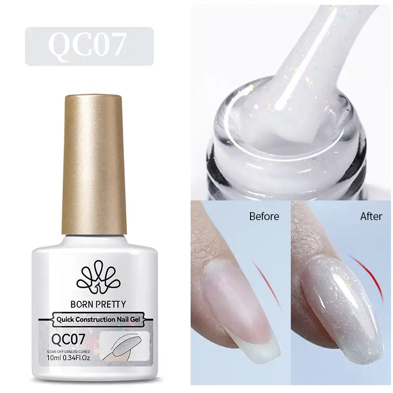Nail Stamping Polish Born Pretty QC07 nail gel with application tool and before-after comparison on a white background