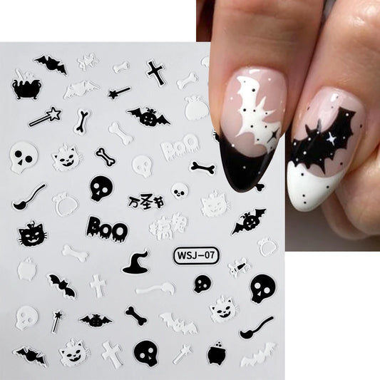 3D Halloween nail stickers with bats, ghosts, and pumpkins for festive nail art