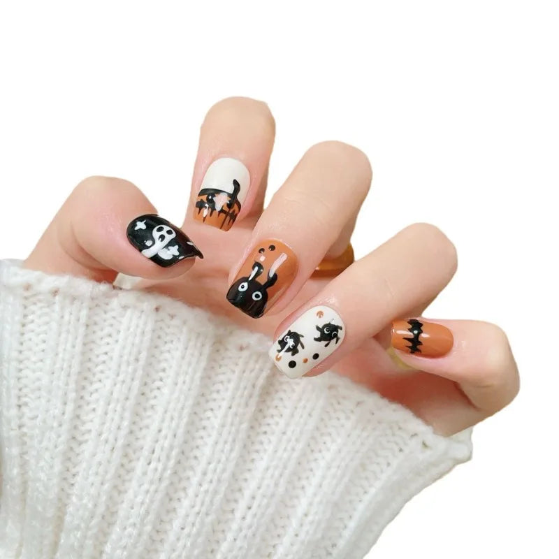 Halloween Press On Nails – Handmade Pumpkin Ghost Art