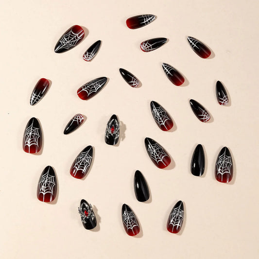 Halloween Fake Nails art designs with spider webs and red accents on a beige background
