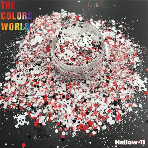 Glitter jar with red, white, and black confetti on a black background with 'Hallow-11' branding.