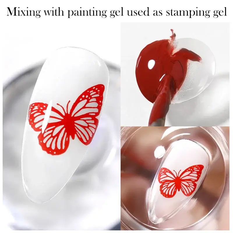 Nail Stamping Polish Red butterfly design on a clear gel with text about mixing and using as stamping gel.