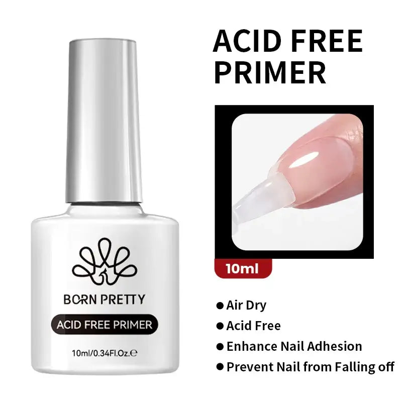 Nail Stamping Polish Born Pretty Acid Free Primer bottle with a close-up of a nail being applied, on a white background.