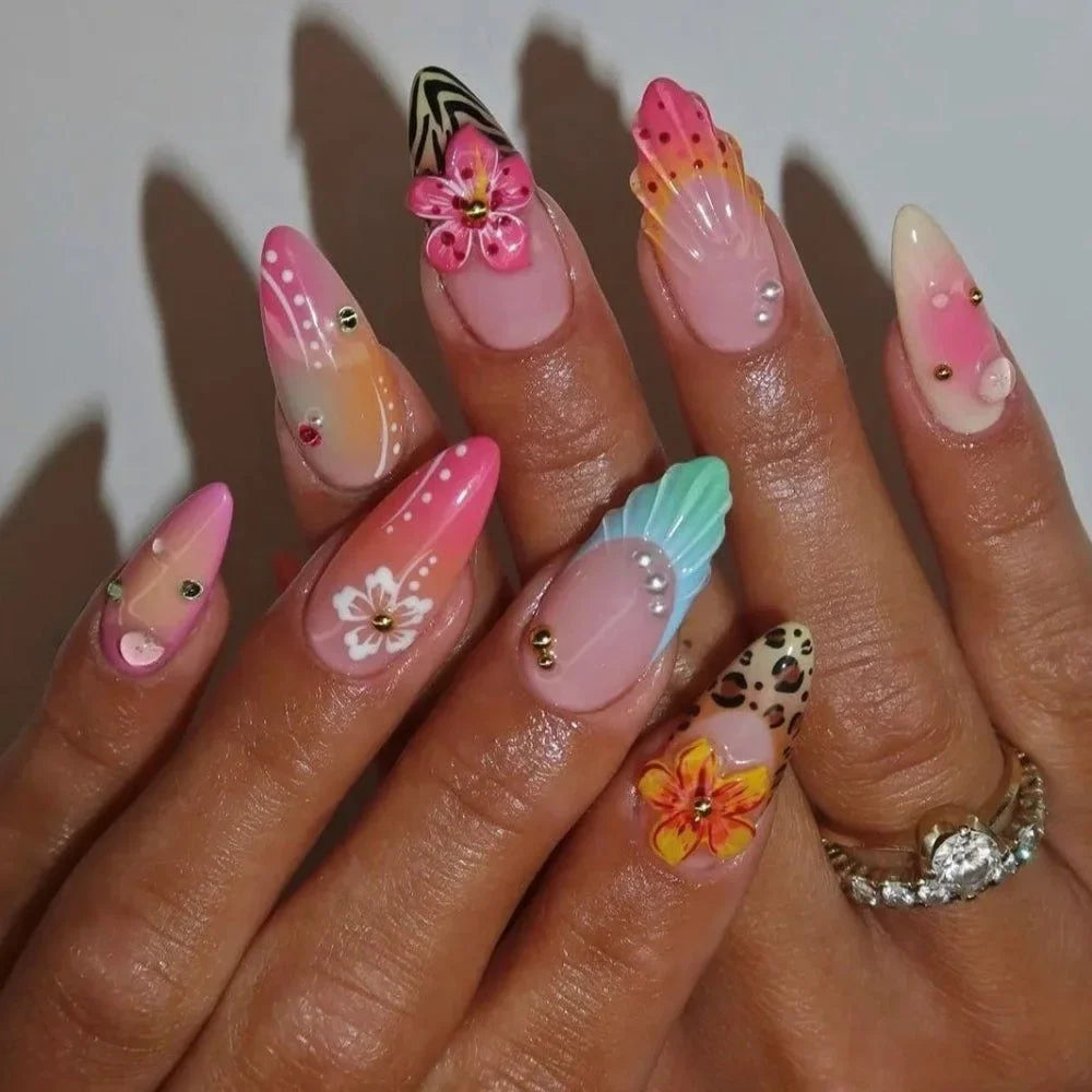 Almond Press On Nails | Colorful 3D Flower & Seashell Decor
