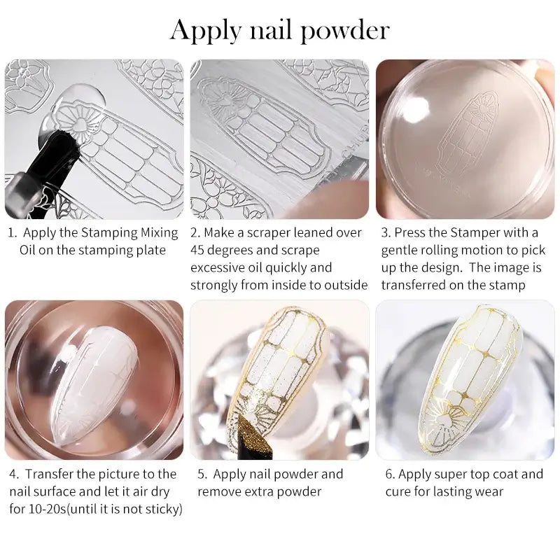 Nail Stamping Polish Step-by-step guide on applying nail powder with images and text instructions.