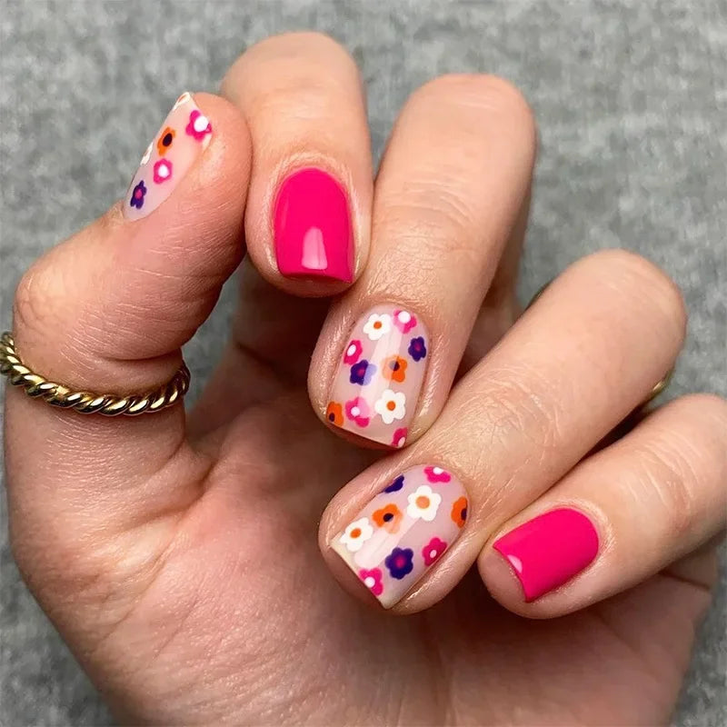 24Pcs Short Almond Press-On Nails – Pink Floral French Tip, Glossy & Elegant