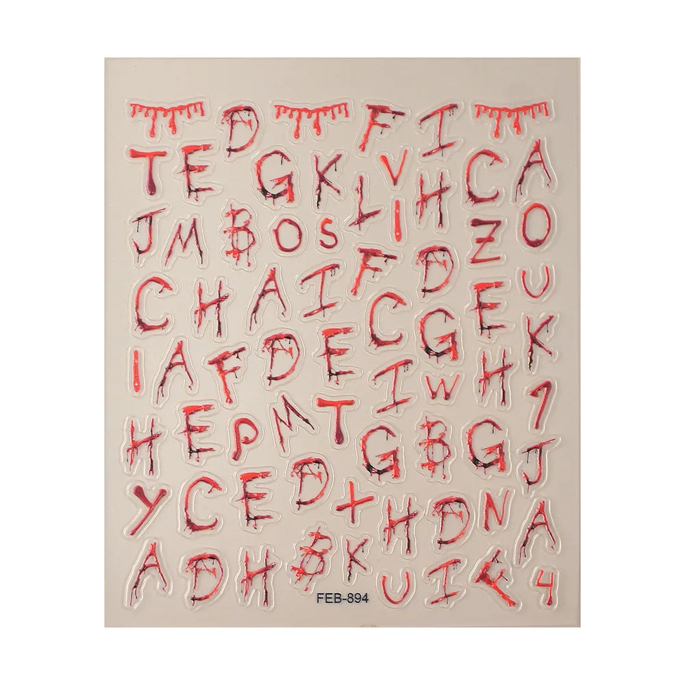 Sheet of red letters and numbers on a beige background