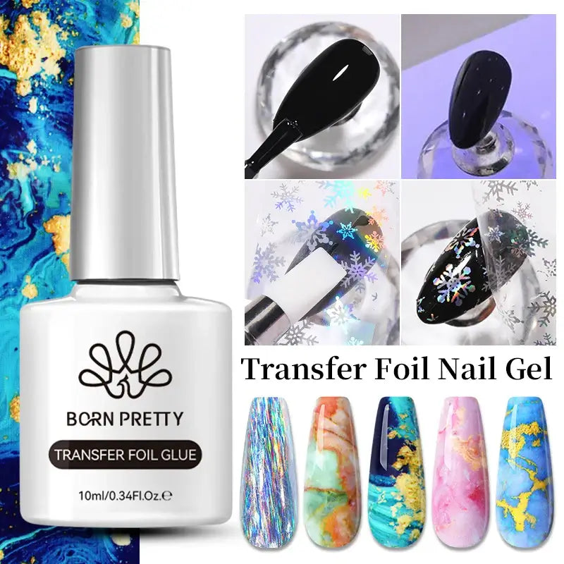 Nail Stamping Polish Born Pretty Transfer Foil Nail Gel with application process and results on nails