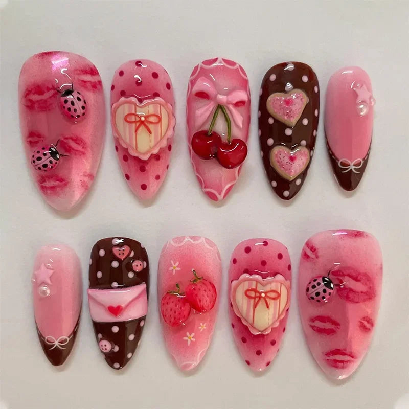 Almond Press On Nails | Colorful 3D Flower & Seashell Decor